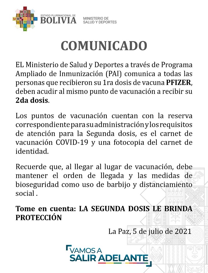 Ministerio de Salud y Deportes de Bolivia - SALUD PIDE A LA POBLACIÓN  ACUDIR A LOS MISMOS PUNTOS DE VACUNACIÓN A RECIBIR SU SEGUNDA DOSIS DE  PFIZER